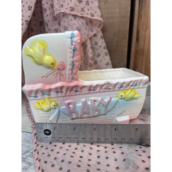 Vintage Set Ceramic Baby Carriage Bassinet Baby Shower Planter Gift Boy or Girl - Picture 4 of 15